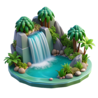 impressive contemporary A cascading waterfall plunging into a crystal clear pool, surrounded by lush, green foliage, with realistic water effects and dappled sunlight filtering through the trees... png
