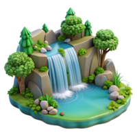vibrant modern A cascading waterfall plunging into a crystal clear pool, surrounded by lush, green foliage, with realistic water effects and dappled sunlight filtering through the trees 4K png