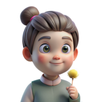magnificent contemporary Portrait of a curious child with wide eyes and a messy bun, holding a dandelion, soft diffused lighting, innocent and playful genuine png
