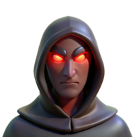 elegant contemporary Portrait of a mysterious figure cloaked in shadows, a single glowing red eye visible, dark fantasy style, low key lighting detailed png