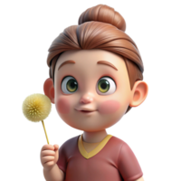 elegant classic Portrait of a curious child with wide eyes and a messy bun, holding a dandelion, soft diffused lighting, innocent and playful high quality png