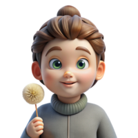 stunning modern Portrait of a curious child with wide eyes and a messy bun, holding a dandelion, soft diffused lighting, innocent and playful genuine png