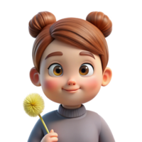 magnificent classic Portrait of a curious child with wide eyes and a messy bun, holding a dandelion, soft diffused lighting, innocent and playful professional png
