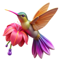 dramatic minimalist A tiny, iridescent hummingbird hovering over a vibrant fuchsia flower, droplets of dew clinging to its delicate feathers, in a macro photography style, lit by a warm, golden... png