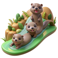 beautiful contemporary A family of playful otters sliding down a muddy riverbank, dappled sunlight filtering through the trees, illustrated in a whimsical, cartoon style genuine png