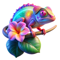 dramatic contemporary A vibrant chameleon perched on a branch of a flowering hibiscus plant, its skin displaying a kaleidoscope of colors, in a vibrant, surreal style, lit by neon lights exclusive png