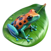 elegant rustic A tiny, brightly colored poison dart frog perched on a large, green leaf, droplets of water clinging to its skin, in a macro photography style, lit by a bright, tropical light original png