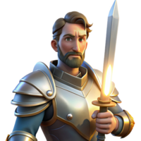 vibrant creative Portrait of a stoic knight in shining armor, holding a sword, with a determined expression. Lit by a single beam of light from above. Frank Frazetta style professional png