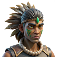 serene creative Portrait of a tribal warrior with intricate face paint, feathers in their hair, and a fierce gaze. Dramatic lighting with a strong sense of depth. National Geographic style premium png