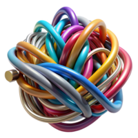 dramatic artistic A tangled mess of colorful wires and cables, metallic sheen, studio lighting, abstract style 4K png