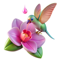 magnificent abstract A tiny hummingbird hovering over a neon pink orchid, droplets of dew clinging to its iridescent feathers, art nouveau style high resolution png