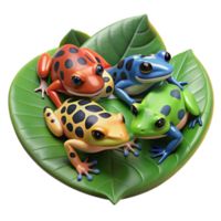 dramatic modern A group of colorful poison dart frogs gathered on a giant leaf, rainforest setting with dappled light, nature photography style high resolution png