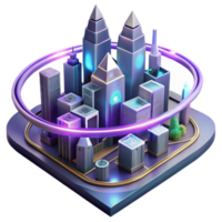 dramatic classic Futuristic cityscape of floating crystalline structures, neon light trails, cyberpunk aesthetic, isometric perspective high resolution png