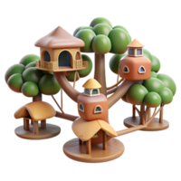 impressive vintage A network of interconnected treehouses in a dense forest, dappled sunlight, whimsical, fantasy style high resolution png