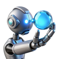 wonderful artistic A chrome robotic arm delicately holding a glowing orb of data, intricate circuitry visible beneath its polished surface, lit by a soft blue neon light. Cinematic style 4K png