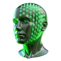 dramatic contemporary A transparent human head filled with swirling binary code, illuminated from within by a vibrant green light. Abstract style high resolution png