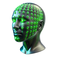 serene modern A transparent human head filled with swirling binary code, illuminated from within by a vibrant green light. Abstract style high resolution png