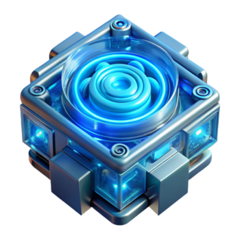 magnifico Vintage ▾ un' quantistico computer in lavorazione dati, intricato raggiante modelli vorticoso entro suo trasparente involucro, illuminato di un' freddo, elettrico blu luce. sci fi, cyberpunk stile originale png