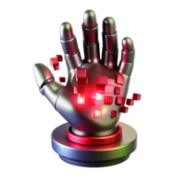 wonderful artistic A giant, metallic hand reaching out from a digital vortex, pixels dissolving around its edges, dramatically lit from above with a red light. Dystopian, surreal style high quality png