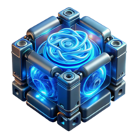 magnificent minimalist A quantum computer processing data, intricate glowing patterns swirling within its transparent casing, lit by a cool, electric blue light. Sci fi, cyberpunk style professional png