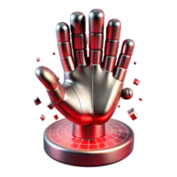 impressive artistic A giant, metallic hand reaching out from a digital vortex, pixels dissolving around its edges, dramatically lit from above with a red light. Dystopian, surreal style high quality png