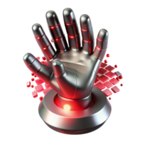 elegant minimalist A giant, metallic hand reaching out from a digital vortex, pixels dissolving around its edges, dramatically lit from above with a red light. Dystopian, surreal style high resolution png