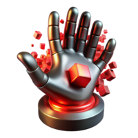 elegant minimalist A giant, metallic hand reaching out from a digital vortex, pixels dissolving around its edges, dramatically lit from above with a red light. Dystopian, surreal style 4K png