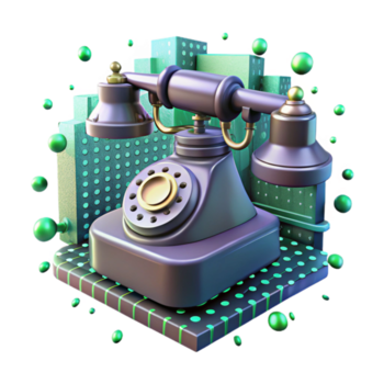 außergewöhnlich minimalistisch ein Antiquität Telefon schwebend im ein Digital Leere, umgeben durch Glitching statisch und binär Code, beleuchtet durch ein flackern, Grün Licht. Panne Kunst Stil hoch Qualität png