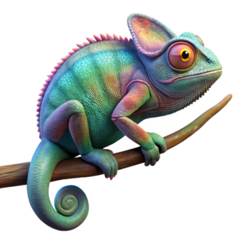 dramatisk klassisk en kameleont uppflugen på en gren, dess hud visning en fascinerande array av regnbågsskimrande färger, återges i en fotorealistisk stil med makro detalj 4k png