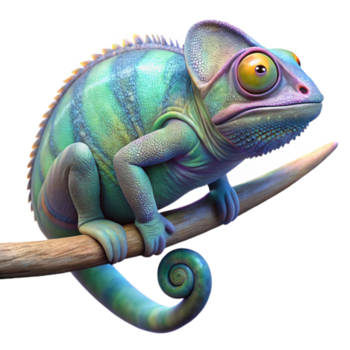 underbar abstrakt en kameleont uppflugen på en gren, dess hud visning en fascinerande array av regnbågsskimrande färger, återges i en fotorealistisk stil med makro detalj hög kvalitet png