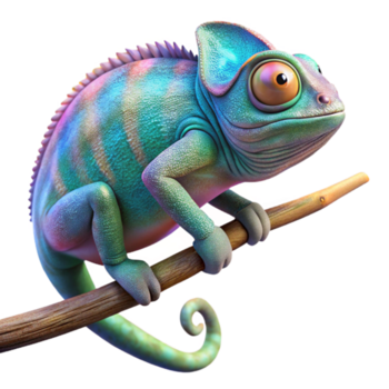 underbar traditionell en kameleont uppflugen på en gren, dess hud visning en fascinerande array av regnbågsskimrande färger, återges i en fotorealistisk stil med makro detalj äkta png