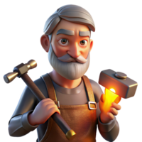 extraordinary artistic Portrait of an elderly blacksmith, face etched with wrinkles, illuminated by the warm glow of a forge, holding a hammer. Rembrandt lighting. Realistic style premium png