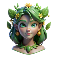 elegant classic Portrait of a whimsical forest nymph with glowing green eyes, adorned with flowers and vines, lit by dappled sunlight filtering through leaves. Art Nouveau style exclusive png