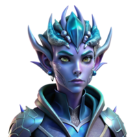 dramatic modern Portrait of a regal alien queen with iridescent scales, sharp, angular features, and a piercing gaze, illuminated by a cool, ethereal light. Biopunk aesthetic. Detailed premium png