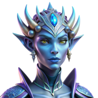 dramatic artistic Portrait of a regal alien queen with iridescent scales, sharp, angular features, and a piercing gaze, illuminated by a cool, ethereal light. Biopunk aesthetic. Detailed detailed png