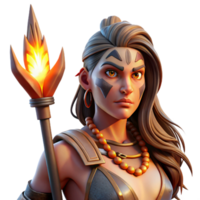 serene rustic Portrait of a fierce warrior woman with tribal war paint, holding a spear, illuminated by a dramatic, fiery backlight. Fantasy art style detailed png