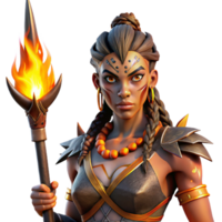 elegant vintage Portrait of a fierce warrior woman with tribal war paint, holding a spear, illuminated by a dramatic, fiery backlight. Fantasy art style genuine png
