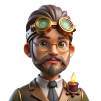 extraordinary creative Portrait of a steampunk inventor with goggles and intricate clockwork gears on their face, lit by flickering candlelight. Steampunk aesthetic detailed png
