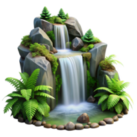 impressive modern A cascading waterfall flowing over mossy rocks, surrounded by lush ferns, long exposure photography style genuine png