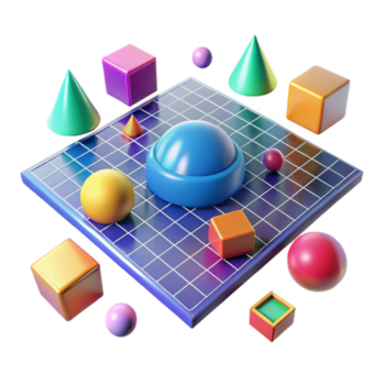 magnífico vintage uma campo do colorida, geométrico formas flutuando dentro zero gravidade, iluminado de uma rede do laser feixes, bauhaus estilo 4k png