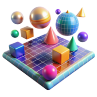 stunning minimalist A field of colorful, geometric shapes floating in zero gravity, illuminated by a grid of laser beams, Bauhaus style detailed png