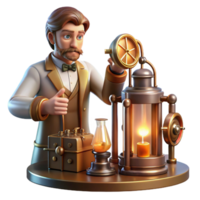vibrant modern A Victorian era scientist operating a complex, brass and copper machine with glowing vacuum tubes, dimly lit with warm flickering gaslight, steampunk style premium png