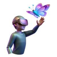magnificent classic A solitary figure in a VR headset, reaching out to touch a shimmering digital butterfly, dark background with spotlights on the figure, digital art style professional png