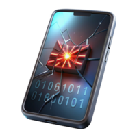 dramatic creative A cracked smartphone screen displaying a cryptic binary code, backlight illuminating the cracks, dark and gritty style original png