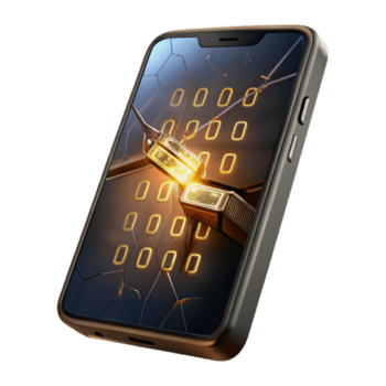 elegant traditionell en knäckt smartphone skärm visning en kryptisk binär koda, bakgrundsbelysning belysande de sprickor, mörk och grynig stil äkta png