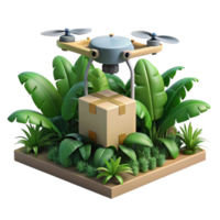 beautiful contemporary A drone delivering a package in a dense jungle environment, realistic textures, dappled sunlight filtering through the canopy, photorealistic style detailed png