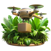 serene minimalist A drone delivering a package in a dense jungle environment, realistic textures, dappled sunlight filtering through the canopy, photorealistic style original png