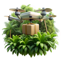 extraordinary creative A drone delivering a package in a dense jungle environment, realistic textures, dappled sunlight filtering through the canopy, photorealistic style premium png