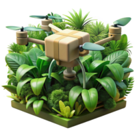 extraordinary vintage A drone delivering a package in a dense jungle environment, realistic textures, dappled sunlight filtering through the canopy, photorealistic style original png