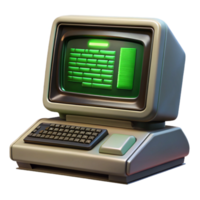 stunning contemporary A vintage computer terminal displaying lines of code, green monochrome display, dark room lighting, retrofuturism style professional png